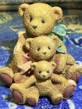 Cherished Teddies Tan Three-Bear Figurine with Blue and Pink Accents